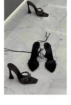 2026 NEW High Quality Luxury Heels Women's Sandals Designer Shoes Rhinestone Square Toe Open Toe Slides Женская Обувь