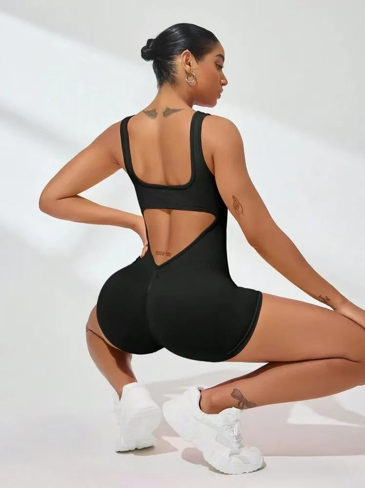 Sexy Backless Women Yoga Rompers U Neck Sleeveless Threaded Jumpsuit Solid Color Elastic Bodysuit Without Bust Pads Streetwear