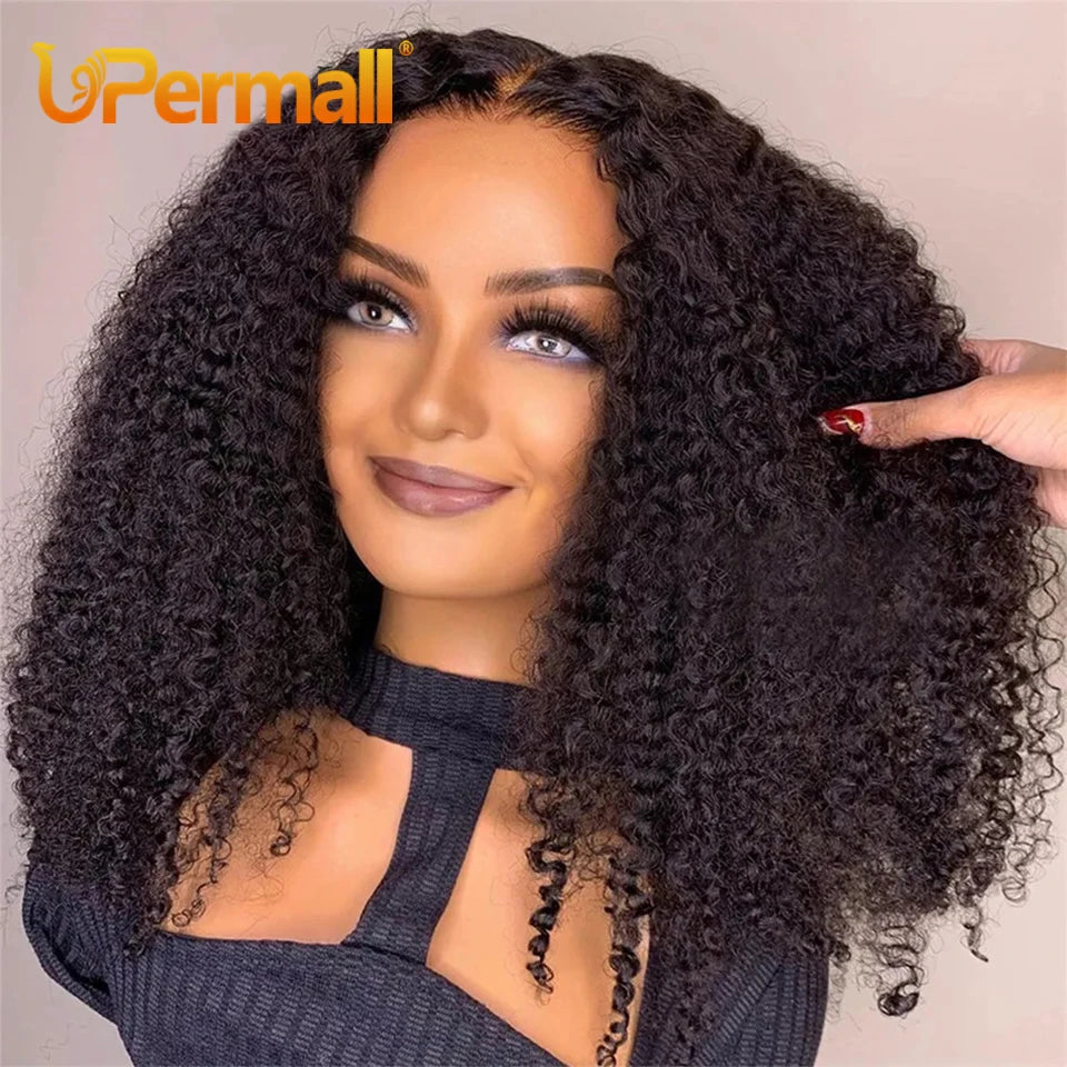 Upermall 50g 4/5/6 Human Hair Bundles With Closure Kim K 2x6 Kinky Curly HD Transparent Middle Part Lace Closure and Bundle Full