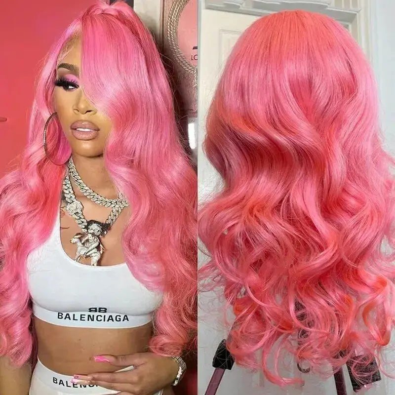 Pink Body Wave 13x4 13x6 HD Transparent Lace Frontal Wigs 30  Inch Lace Front Wig Color Human Hair Wigs Pre Plucked For Women
