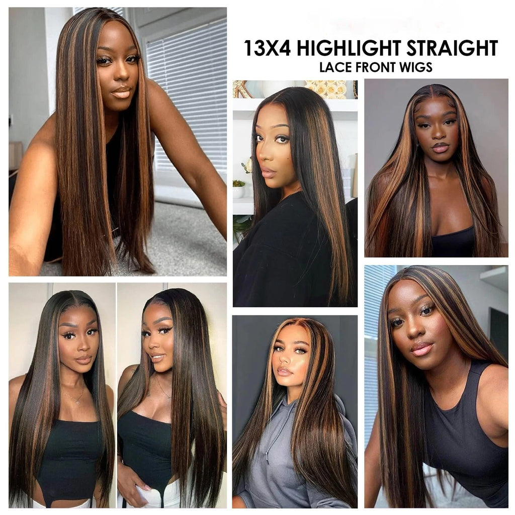 1B/30 Black and Brown Highlights Bone Straight 13x4 HD Lace Front Human Hair Wigs Brazilian Ombre Brown Colored Lace Frontal Wig