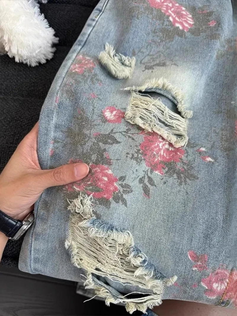 Vintage Cute High Waisted Straight Leg Jeans Casual Y2K Flower Printed Fringe Ripped Streetwear Denim Pants