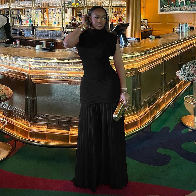 Kliou Mesh Patchwork Dress Woman Turtleneck Sleeveless Skinny High Waist Wrap Hip Midnight Prom Party Ruched Elegant Vestidos