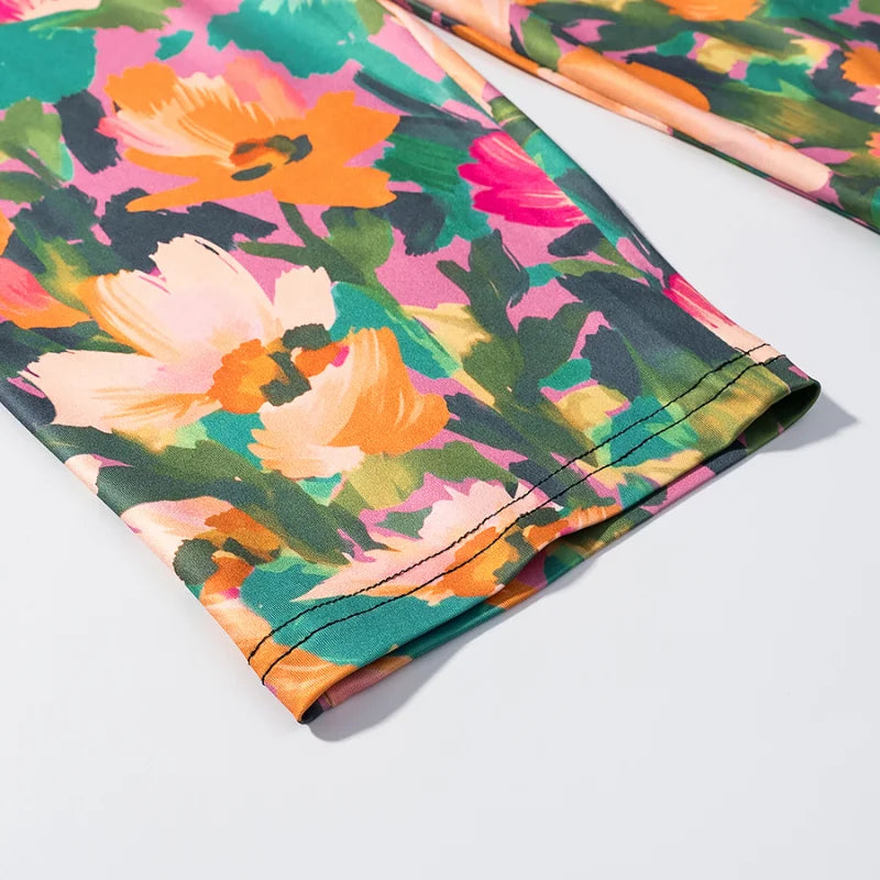 Floral Print Sexy Bodysuit Pant Set Hot Girl Sweetheart Backless Spaghetti Straps Top Elastic Waist Capri Pants Lady Outfit