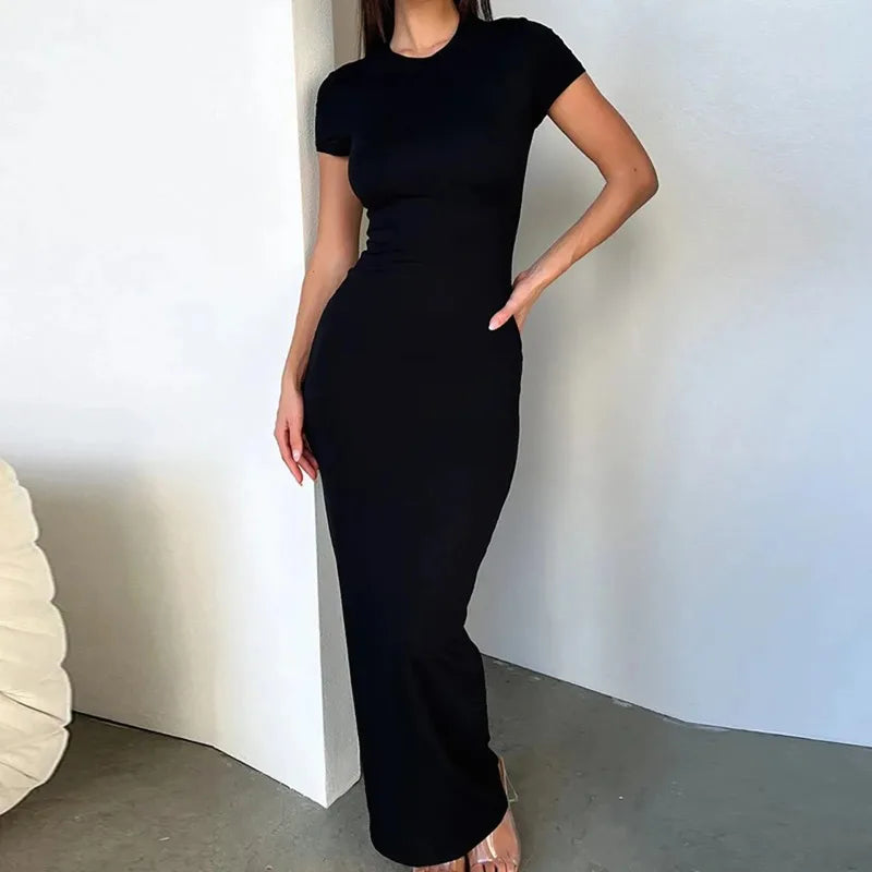 Sexy Skinny Women's Bodycon Party Dress Fashion O-neck Short Sleeve Solid Color Wraped Hip Package Long Dress Female Sexy Dress Main image