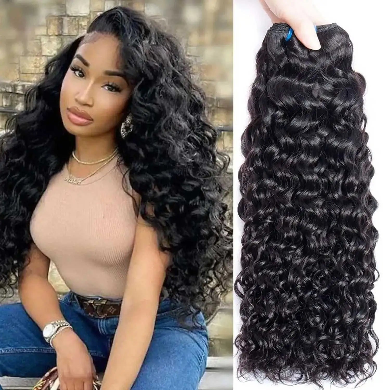 Water Wave Human Hair Bundles Curly Deep Wave 3 Bundles Brazilian Natural Black Human Hair Remy Hair Human Hair Natural