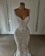 Gorgeous Mermaid Spaghetti Strap Prom Dress More Pearls Crystal Beading Evening Dress V-Neck Customized Party Gown