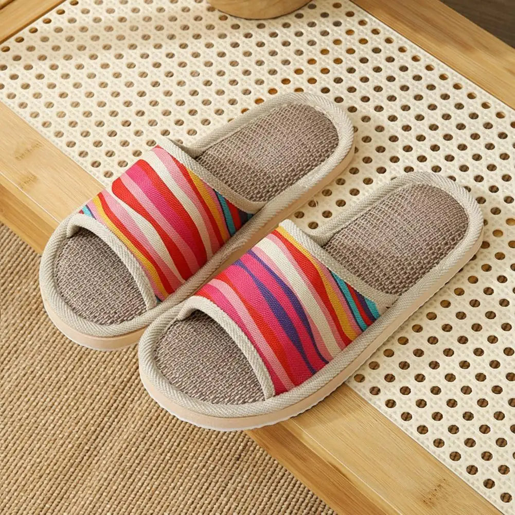 Striped Linen Open Toe Slippers Breathable Indoor House Slippers Anti Slip EVA Sole Lightweight Casual Home Slides For Men Women