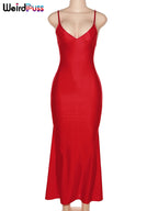 Weird Puss Sexy Backless Women Evening Maxi Dress Folds V-Neck Sleeveless Coquette Elegant Mermaid Matching Banquet Prom Bodycon