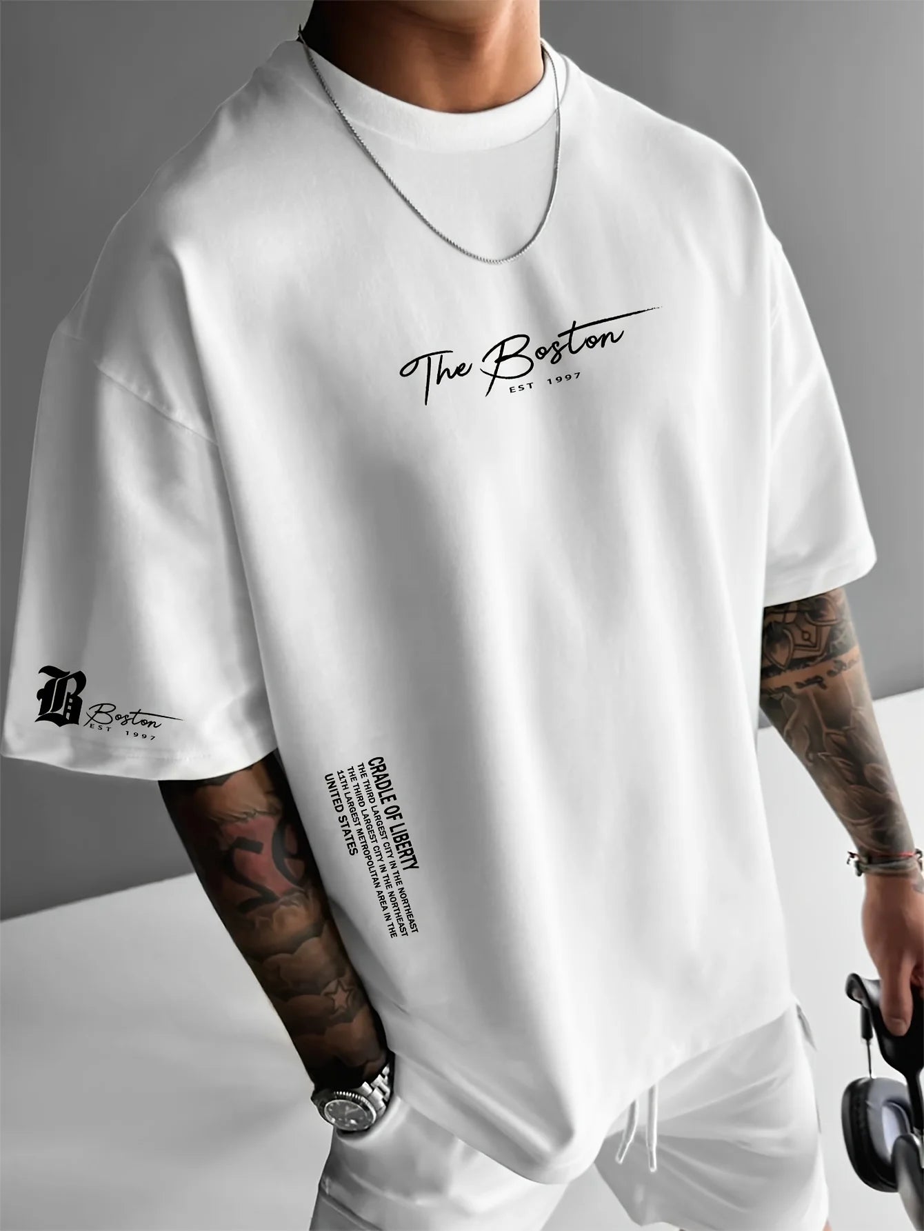 Men's summer 100 cotton fashionable casual sports loose Boston city slogan printed round neck short sleeved T-shirt top Main image