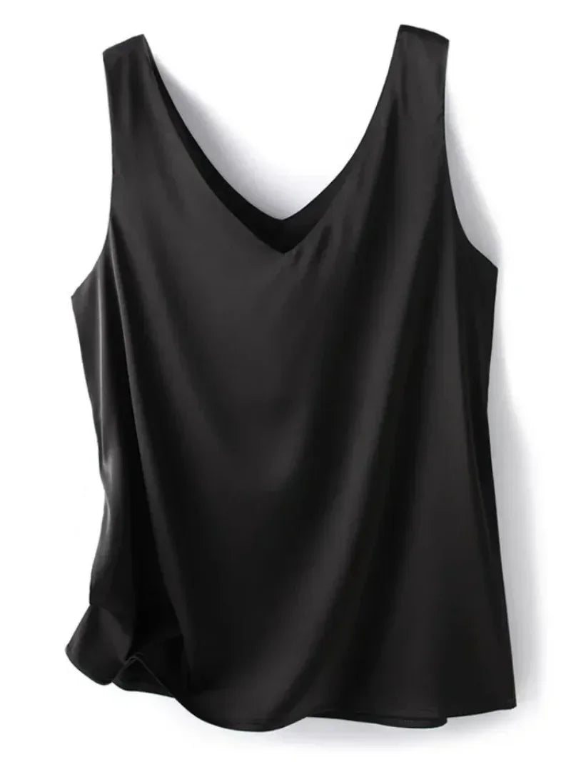 Woman T-shirts Elegant SILK Satin Blouse Sleeveless Female Summer 2026 Casual Loose Tanks and Camis Solid Green Tops for Women