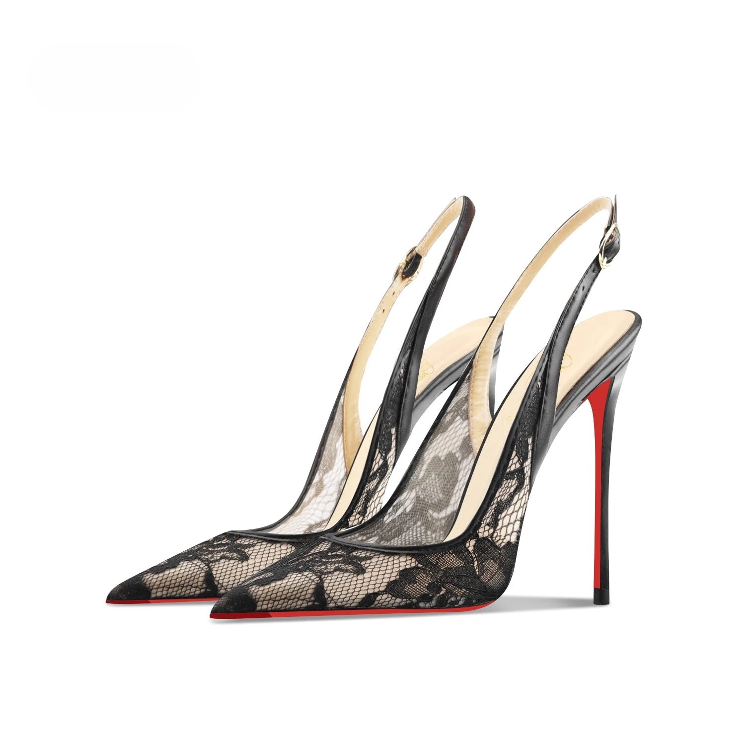 Black lace high-heeled sandals with pointed toes, thin heels, and shallow mouth, comfortable to wear with just one foot Main image