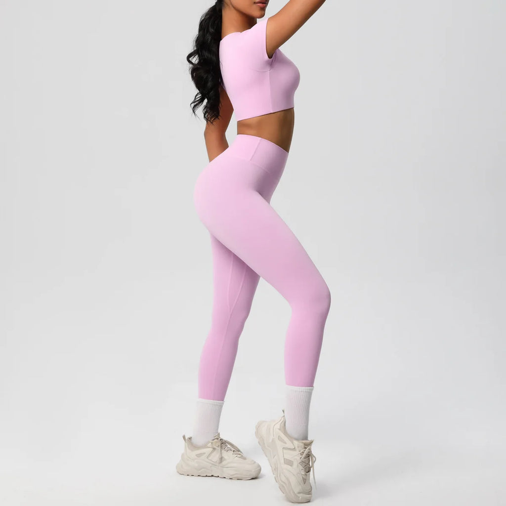 2PCS Woman Gym Sports Yoga Set Knitted Slim Workout Top Short Sleeve Quick Drying Legging Fitness Pants Running Sports Yoga Suit