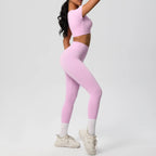 2PCS Woman Gym Sports Yoga Set Knitted Slim Workout Top Short Sleeve Quick Drying Legging Fitness Pants Running Sports Yoga Suit