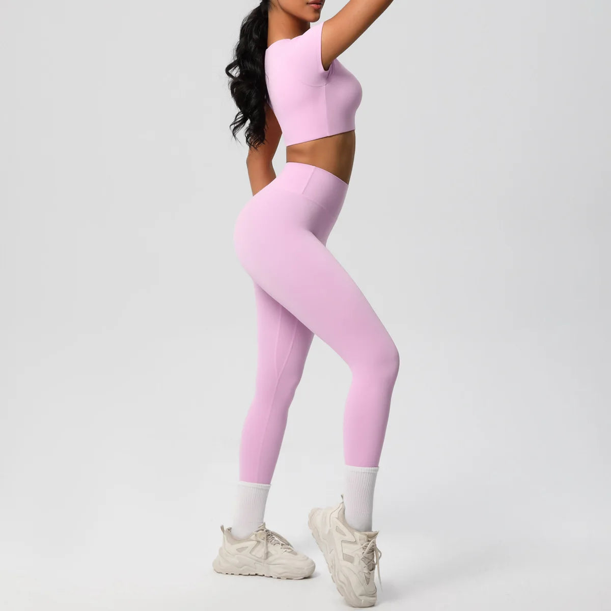 2PCS Woman Gym Sports Yoga Set Knitted Slim Workout Top Short Sleeve Quick Drying Legging Fitness Pants Running Sports Yoga Suit
