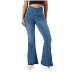 Stretch Denim Flared Pants Womens' Shiny High-Waist Denim Pants Lightweight Flare Jeans Slimming Fit Ladies' Trousers Ropa Mujer
