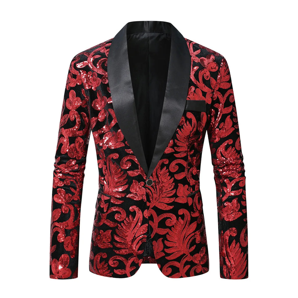 Shiny Sequin Embellished Single Button Stage Performance Outerwear in Blue Gold Green Purple Options for Men's Red Suit Jacket