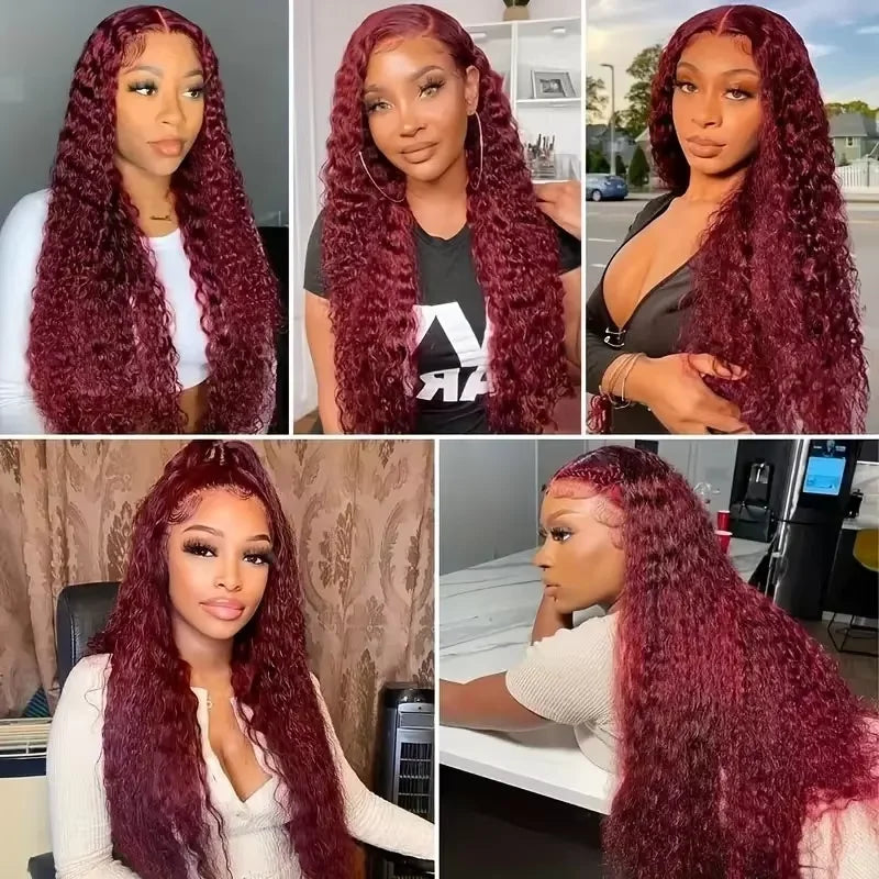 Deep Wave #99J Burgundy 13x6 HD Lace Frontal Wig Human Hair 13x4 Curly Transparent Lace Front Wig Brazilian Human Hair Wig