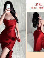 Red New Sling Sexy And Charming Ruffle Edge Bottom Split Smooth Surface Sleeveless Appear Thin Temperament Girl Long Dress 👗