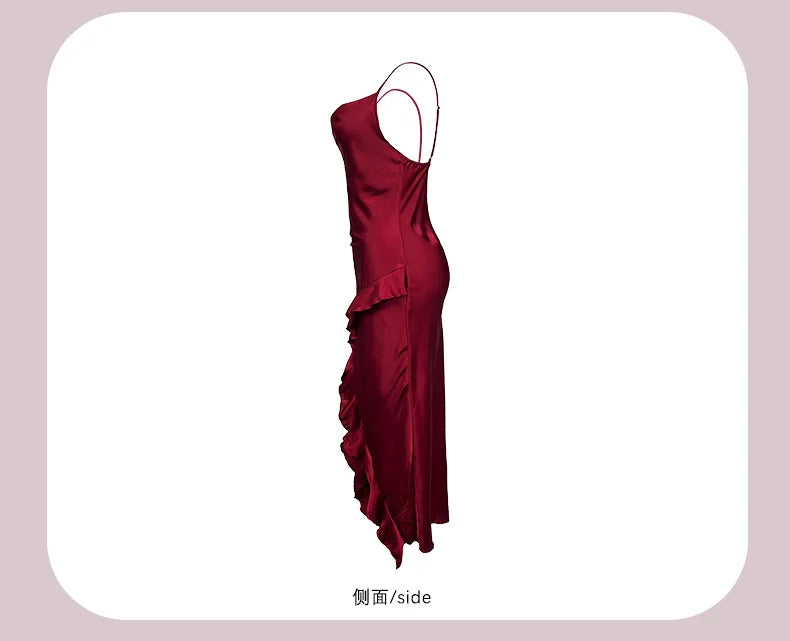 Red New Sling Sexy And Charming Ruffle Edge Bottom Split Smooth Surface Sleeveless Appear Thin Temperament Girl Long Dress 👗