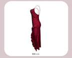 Red New Sling Sexy And Charming Ruffle Edge Bottom Split Smooth Surface Sleeveless Appear Thin Temperament Girl Long Dress 👗