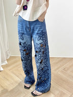 Summer Women Jeans Floral Embroidery Straight Trousers Designer Streetwear Casual Hollow Out Vintage High Waist Denim Long Pants