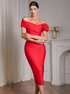 2026 Sexy Off The Shoulder Flower Patchwork Bandage Dress Women Red Florals Bodycon Midi Dresses Evening Party Gowns