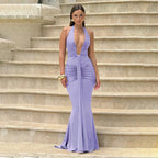 Sexy Deep V-neck Backless Halter Maxi Dresses Women's Sleeveless High Waist Bodycon Pleated Robe 2026 New Evening Party Gown