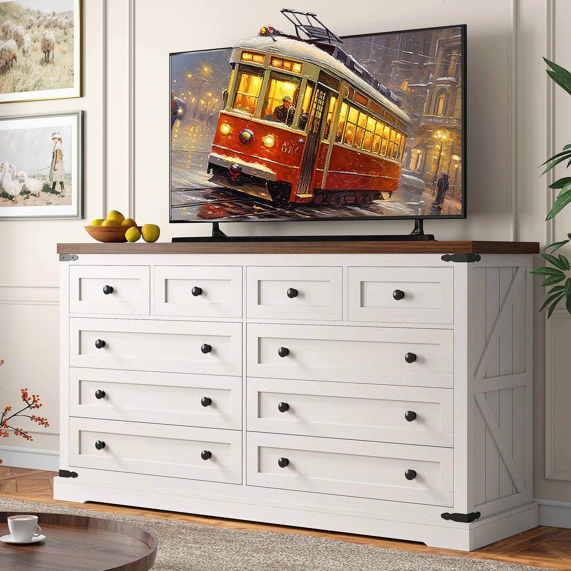 EnHomee 10 Drawer Large Antique Farmhouse wood Dresser and TV Stand with Smooth Metal Rail for Bedroom Storage