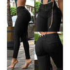 Spring Autumn New Pants Trousers Women's Solid Color High Waist Button Skinny Pants Women's Fashion Slim Fit Pencil Pants