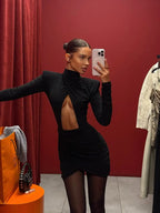 Sexy Hollow-out Pleated Mini Dress Women Fashion Solid Half High Collar Long Sleeve Slim Dresses 2025 Lady Party Club Robes