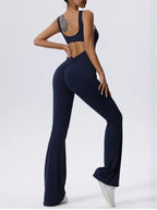 V Back Scrunch Gym Set Women Sport One-Piece Suit Yoga Suit Flared Pants Women Sports Jumpsuit Fitness Rompers Workout Bodysuits
