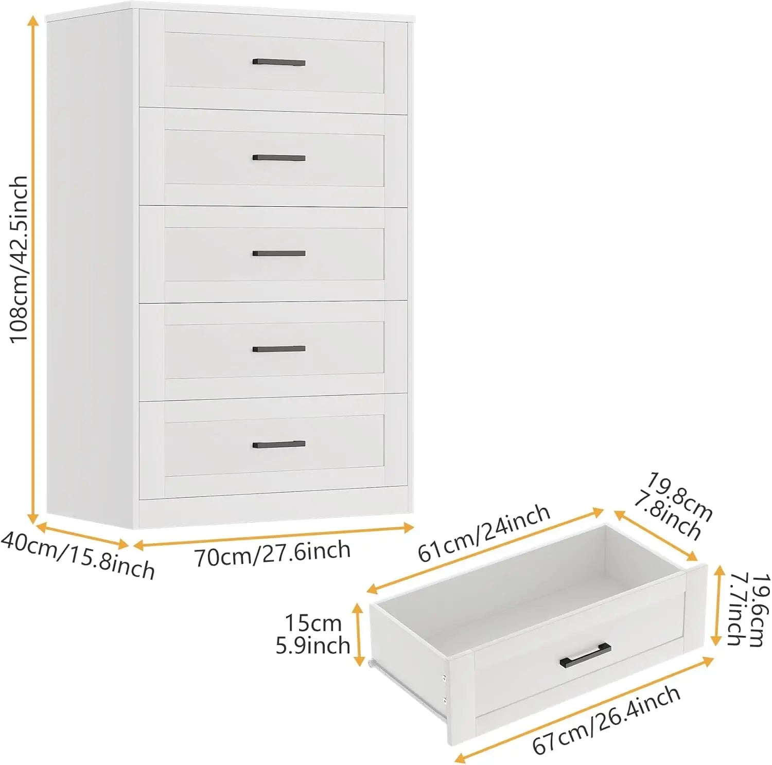 5 Drawer Dresser for Bedroom, White Dresser with Deep Drawers, Modern Tall Dresser Farmhouse Wooden Dresser Chest of Drawers