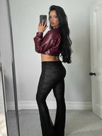 Sisterlinda Faux Leather Single Button Crop Jacket Women Autumn Trend Cross Neck Full Sleeve Wild Style Classic Streetwear Coat