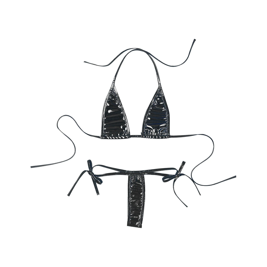 Womens Brazilian Micro Bikini Swimsuit Biquini Set Lacing Non-Padded Triangle Cup Bra Top with G-String Metallic Shiny Swimwear