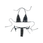Womens Brazilian Micro Bikini Swimsuit Biquini Set Lacing Non-Padded Triangle Cup Bra Top with G-String Metallic Shiny Swimwear