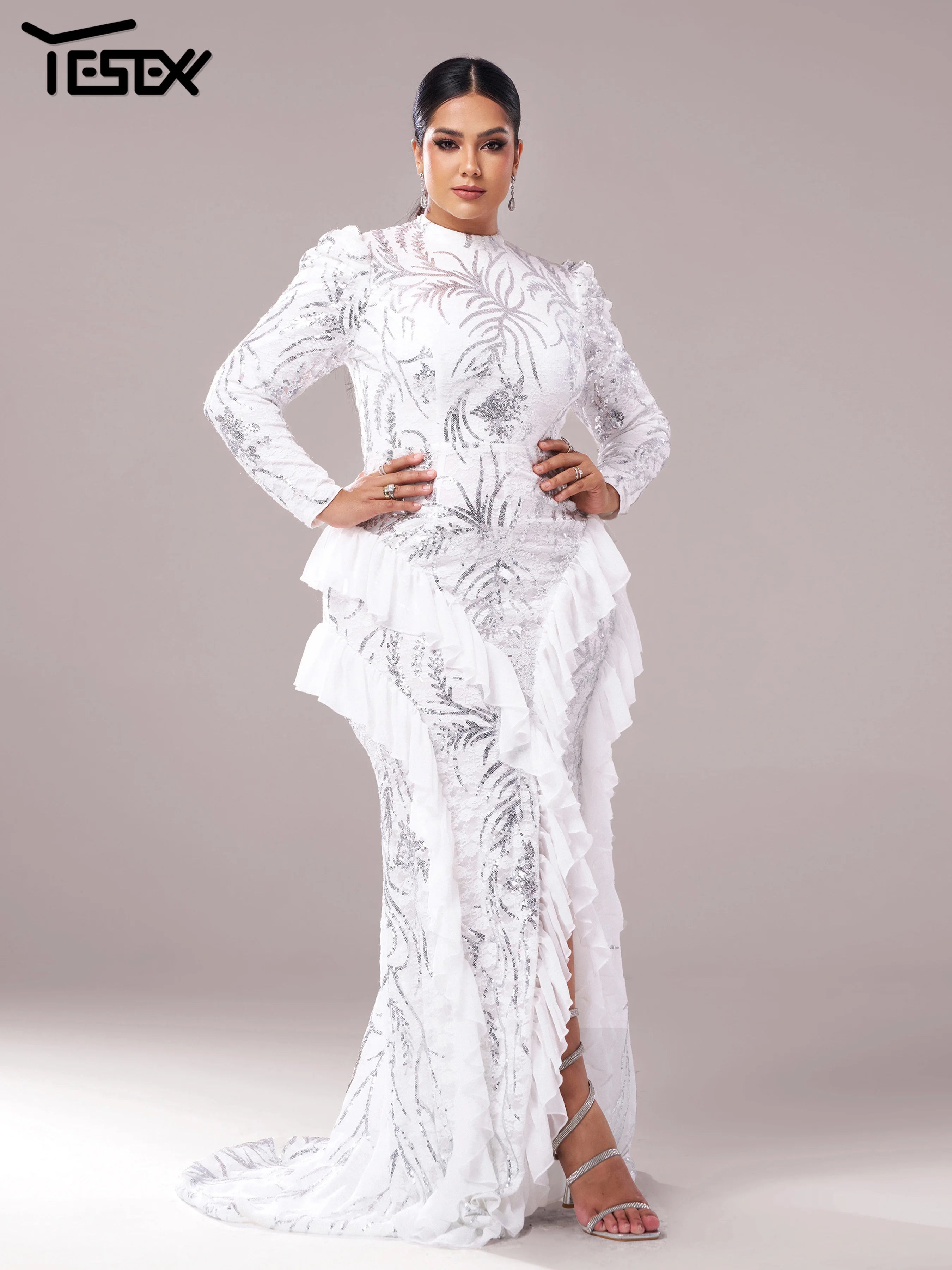 Yesexy Plus Size Elegant Beautiful Women Round Neck Long Sleeved Split Evening Gown Wedding Birthday Party Formal Occasion Dress Main image