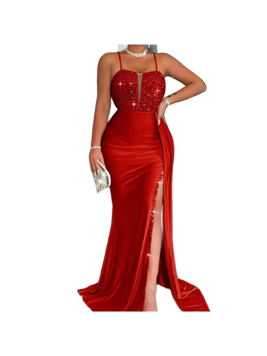 Spaghetti Strap Cutout Sequin Patch Mermaid Train Maxi Dress Elegant Evening Formal Gown