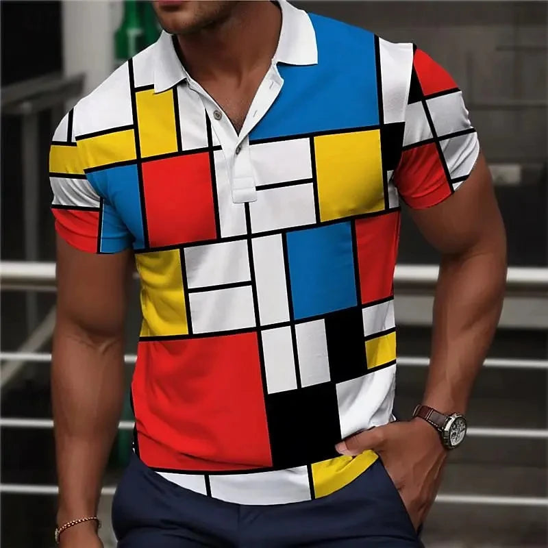 Color Block Patchwork Printed Polo Shirt For Men Summer Casual Short Sleeve Men's Polo T-Shirt Top Oversized Golf Sweatshirt Main image