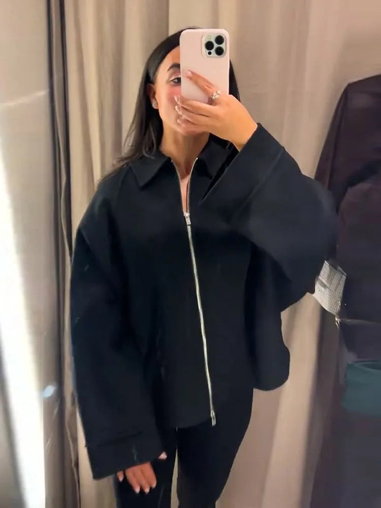 Woolen Zipper Loose Short Jacket Women Long Sleeve Lapel Solid 2025 Autumn Winter Commute Coat Street Office Warm Ladies Outwear Main image