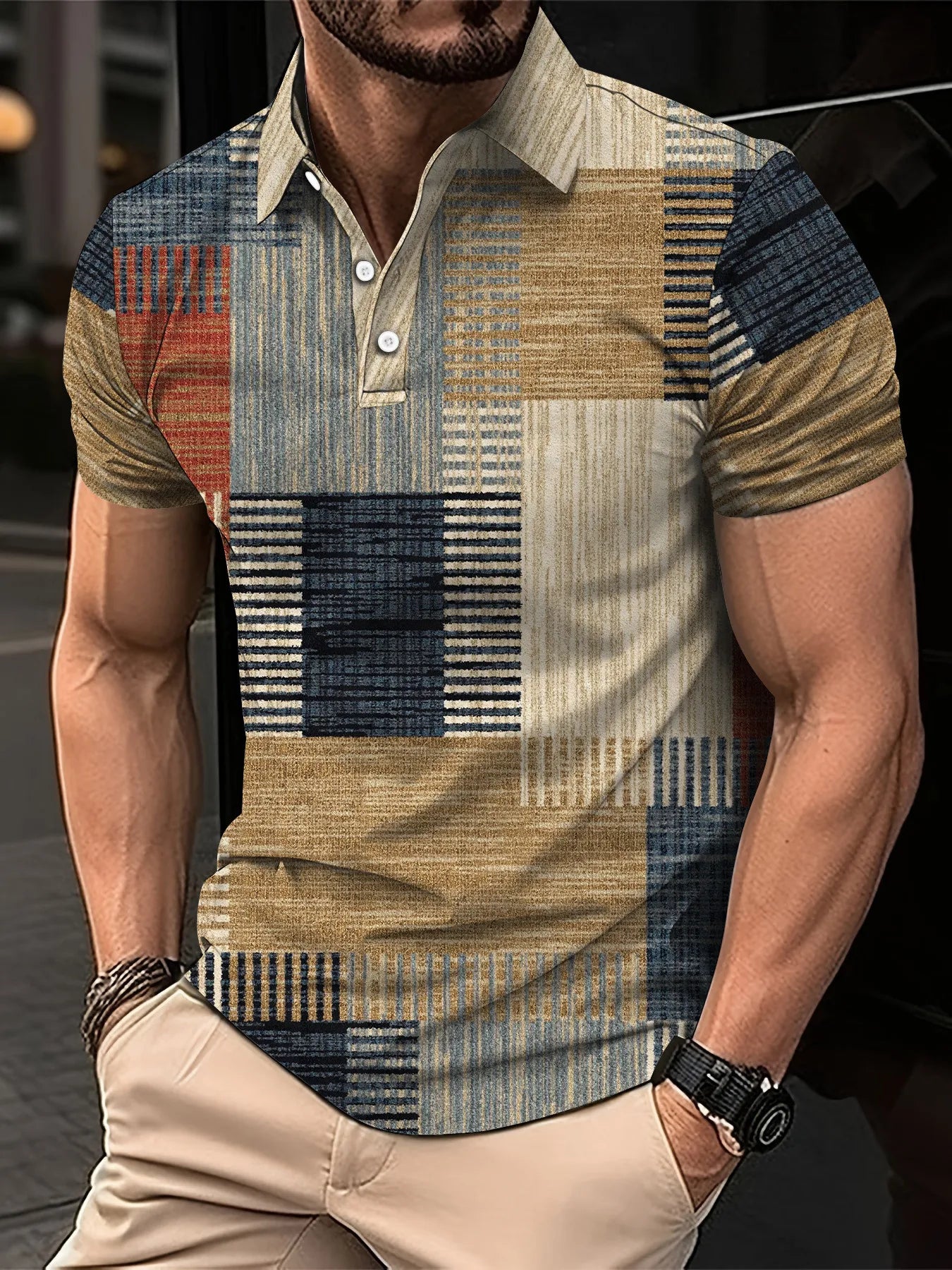 Fashion Elegant Harajuku Slim Fit Ropa Hombre Loose Casual All Match Lattice Men's POLO Shirt Printed Button Short Sleeve Tops Main image