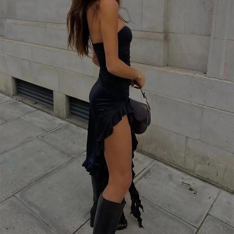 Women Strapless Sexy Floral Fold Hemline High Slit Mini Dress 2025 $ 2026 Solid Backless Sleeveless Black And Pink Party Dress Vestidos