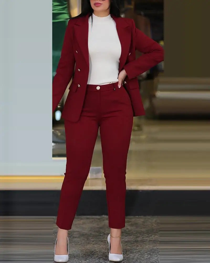 Spring Autumn Women's Solid Color Long Sleeve Suit Fashion A Button Slim-fit Wrap Buttock Pencil Pants Female Office 2 Piece Set