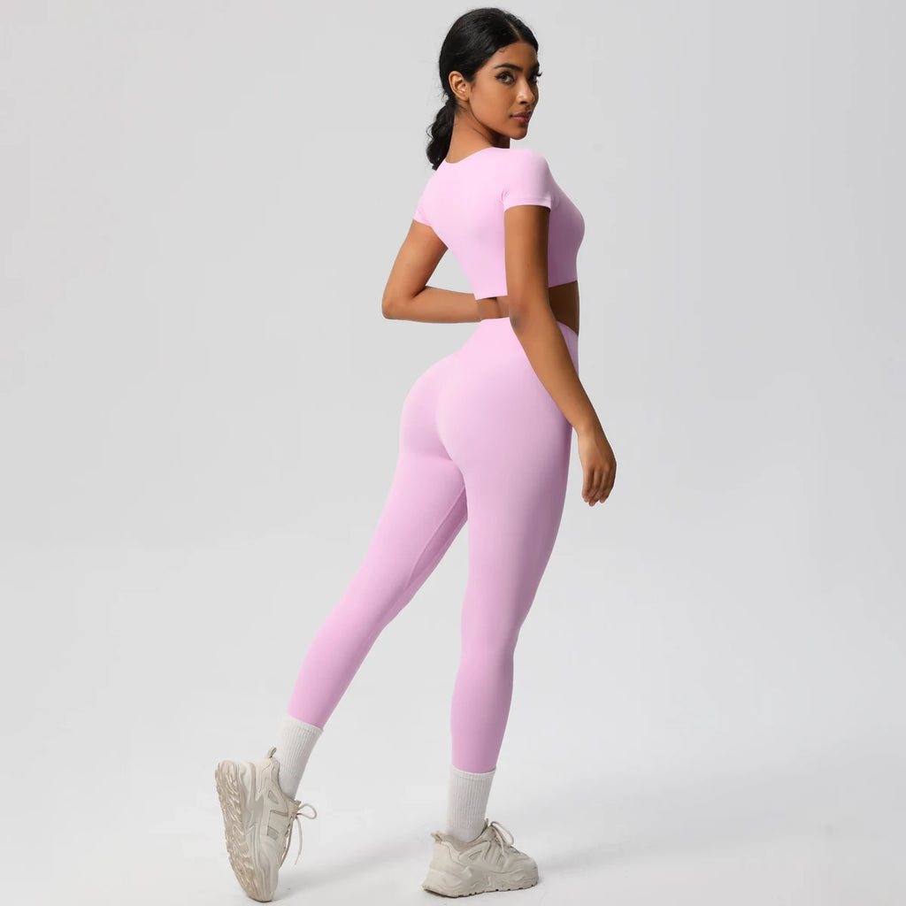2PCS Woman Gym Sports Yoga Set Knitted Slim Workout Top Short Sleeve Quick Drying Legging Fitness Pants Running Sports Yoga Suit