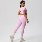2PCS Woman Gym Sports Yoga Set Knitted Slim Workout Top Short Sleeve Quick Drying Legging Fitness Pants Running Sports Yoga Suit