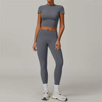 2 Pieces Women Yoga Set Workout Sportswear Gym Clothing Fitness Short Sleeve Crop Top High Waist Leggings Sport Suits