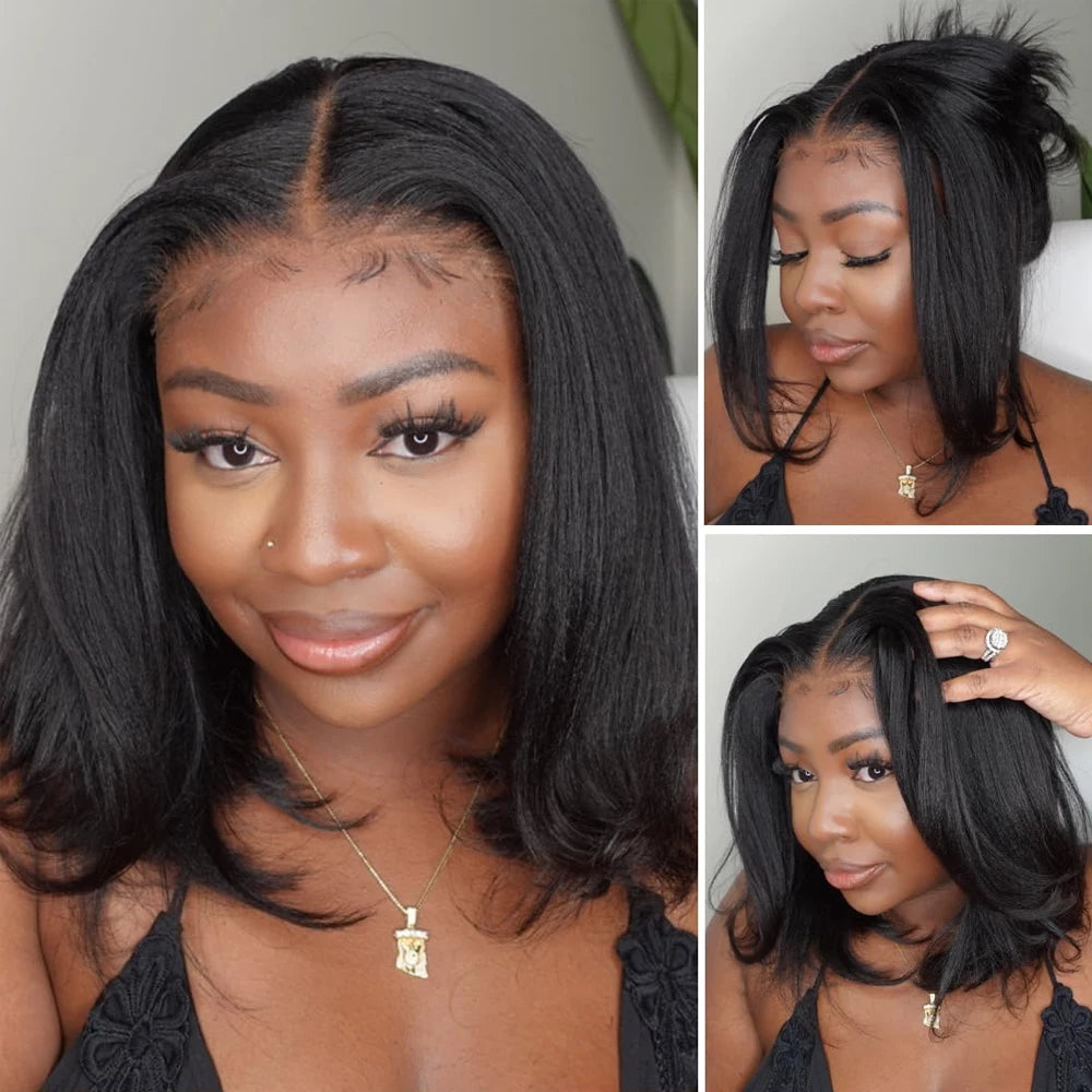 Kinky Straight Bob Wig Glueless 100% Human Raw Hair Tissage Wig HD Transparent Lace Closure Yaki Short Wig Perruques Vietnamese