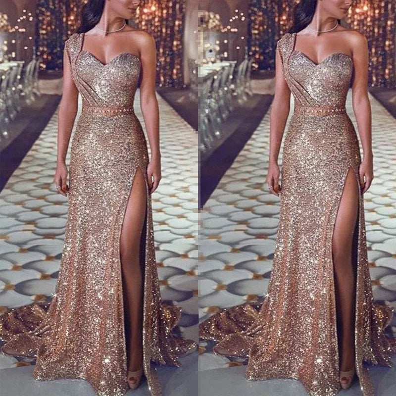 2026 Women's Wedding Party Dress Evening Elegant Sexy Deep V Neck One Shoulder Sleeveless Sequined Long Maxi Dresses For Women