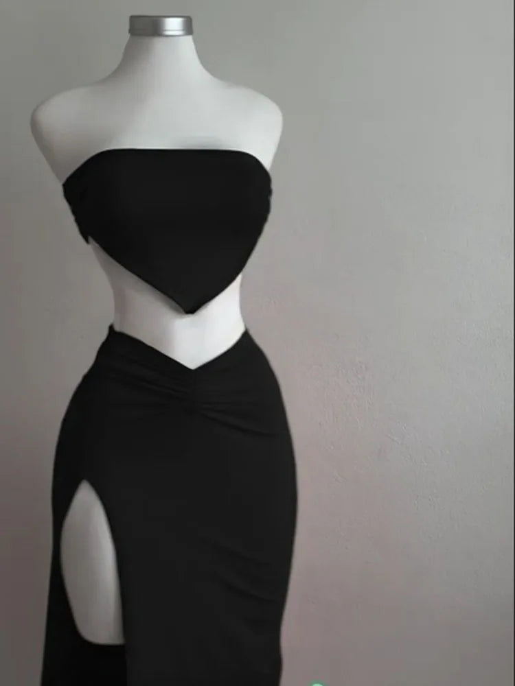 Strapless Backless Crop Top High Waist Skirt 2 Piece Set Women Summer Sexy Slim Fit Split Midi Dress Tube Suits Party Club Sets Secondary image