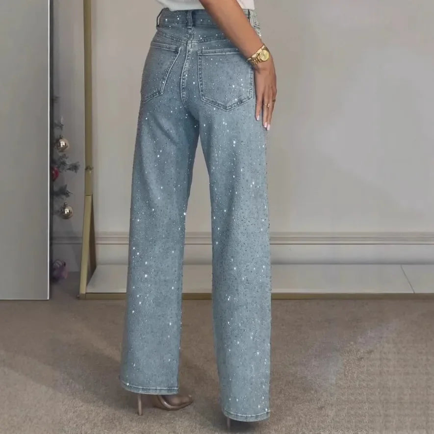 Jeans for Women Straight Diamonds Pants Stretch High Waist Washed Mom Jeans Vintage Denims Streetwear Y2k Streetwear Trousers Secondary image